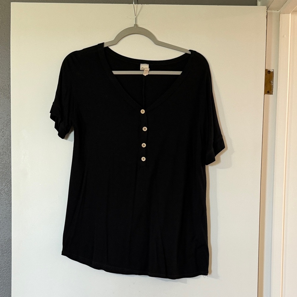 Sew In Love Black Short Sleeve V-Neck Henley Top with Buttons